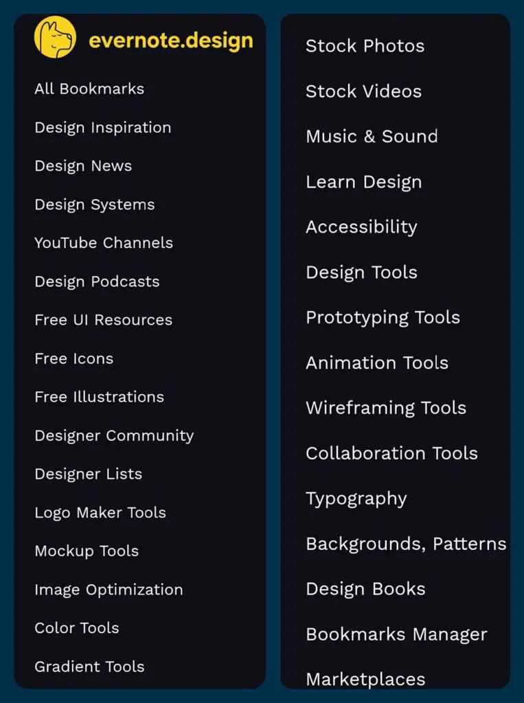 Screenshot of evernote.design categories