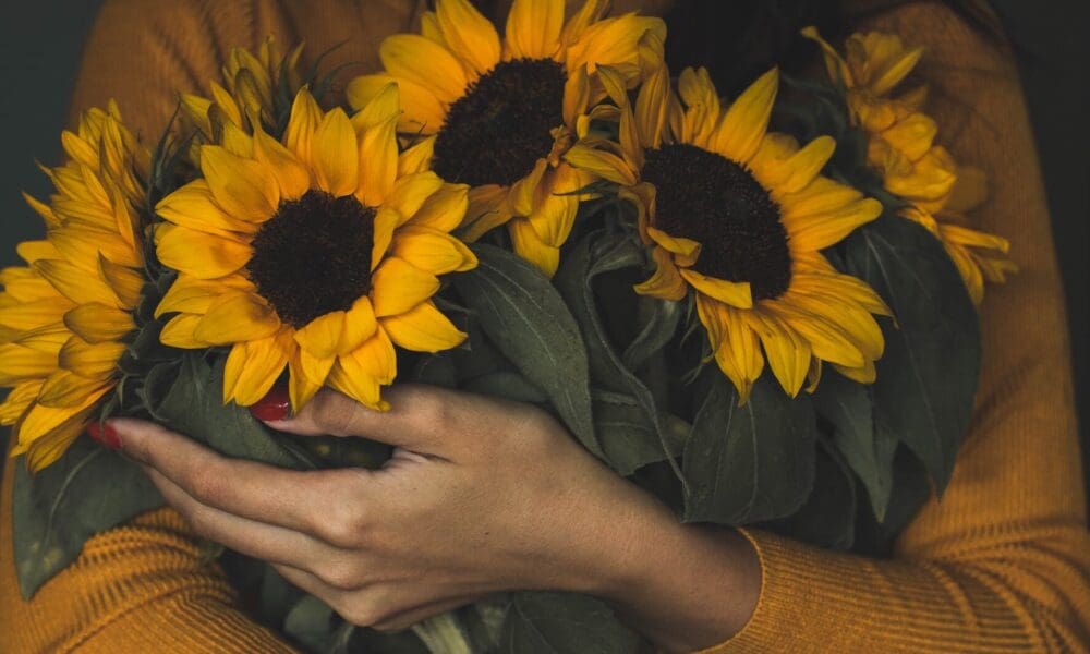 woman holding bunch of sunflowers