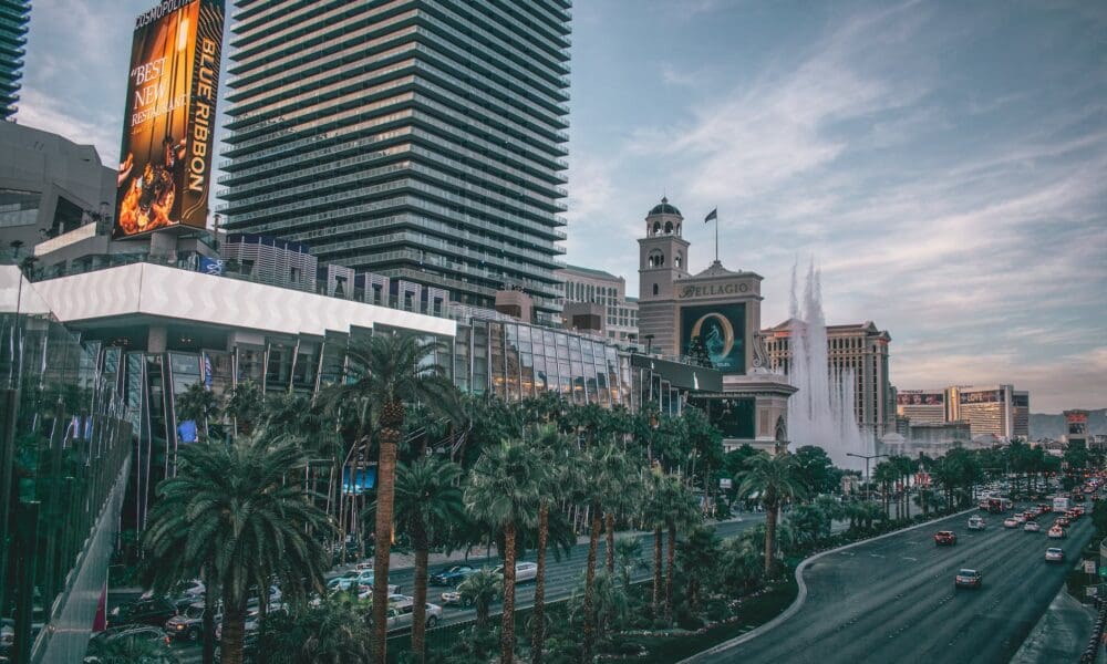 Las Vegas Boulevard during sunset.