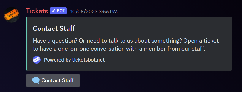 Screenshot of an embeded message from the Tickets Discord Bot.