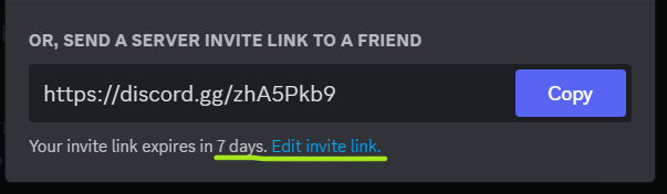 Discord Server invitation with the button to edit the server invite link underlined to help users create a permanent server invite link.