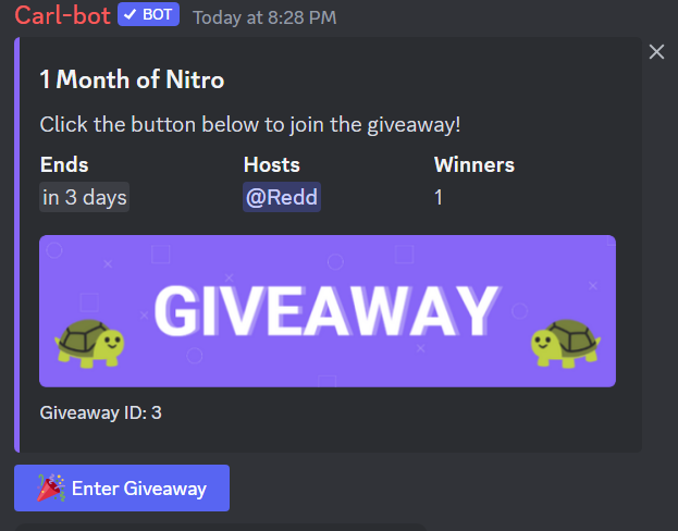 Discord Nitro Giveaway Example using Carl-Bot