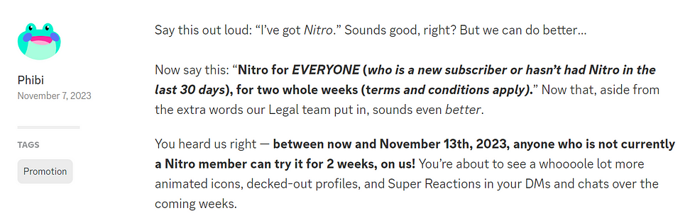 Discord announcement from their blog giving away 2 free weeks of Nitro to all users on the platform.
