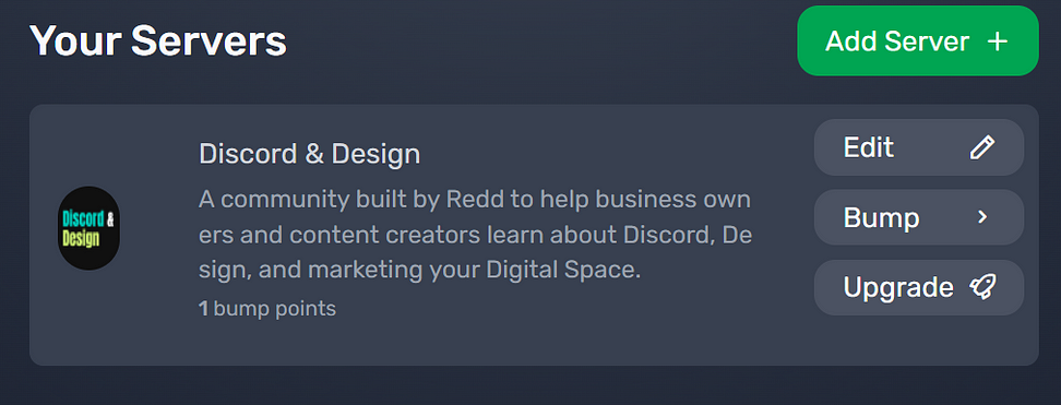 Dashboard on Discadia for Server Owners to View their Server Listings.