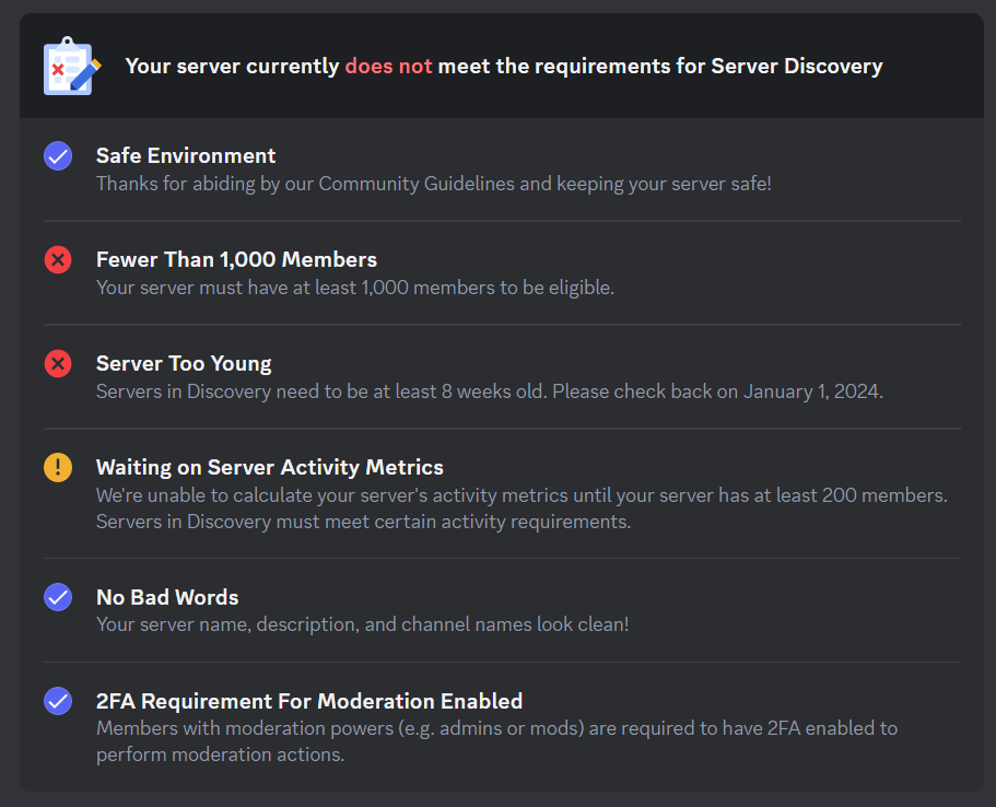 Discord Discovery Listing qualifications for Community Servers.