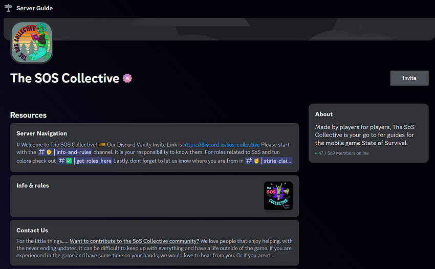 Screenshot of a Discord Community Server Guide of the SOS Collective gaming server made by a State of Survival fan.