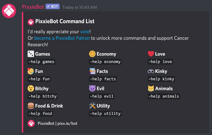 Discord Server Bot PixxieBot Command List